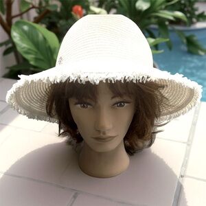 Vince Camuto White Fringe Sun Bucket Straw Hat
